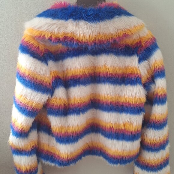 Forever 21 faux fur zip-up jacket in a multicolor striped pattern. - Picture 3 of 5